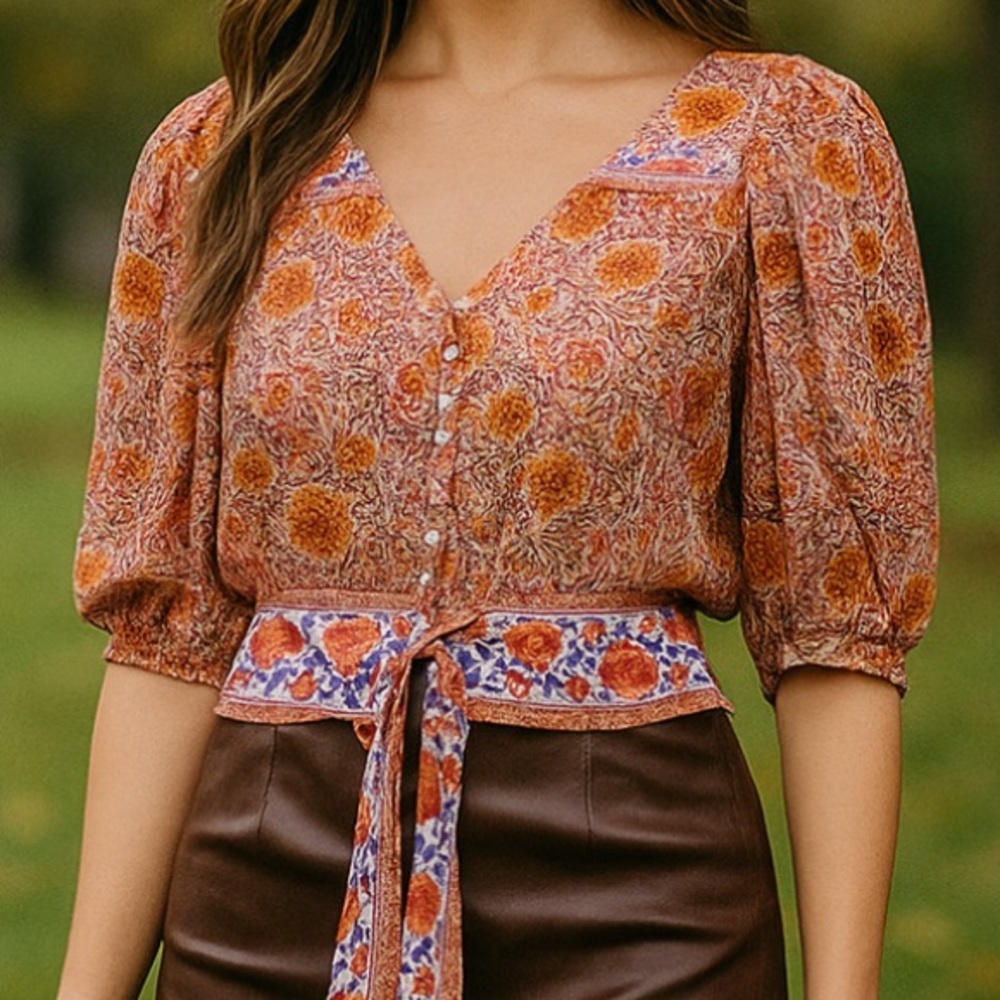 Rachel Zoe Cropped Boho V-front Tie-Front Floral Linen Top‎ Orange & Purple - Picture 2 of 14